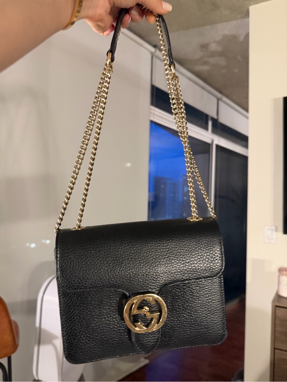 Gucci Black Pebbled Leather Shoulder Bag with Gold Hardware